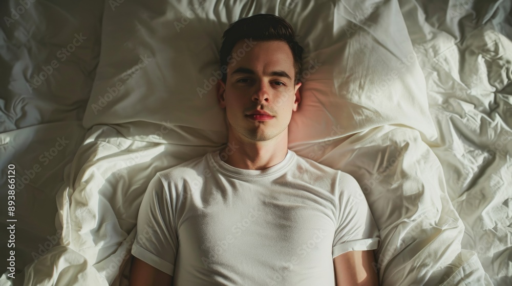 Young Man Sleeping with His Head on Pillows Young Man Sleeping with His Head on Pillows