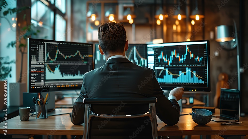 Executive in a business suit working at a modern office desk with a large monitor showing a rising financial chart. The businessman is depicted using a digital tool to sketch the upward trajectory, Executive in a business suit working at a modern office desk with a large monitor showing a rising financial chart. The businessman is depicted using a digital tool to sketch the upward trajectory,