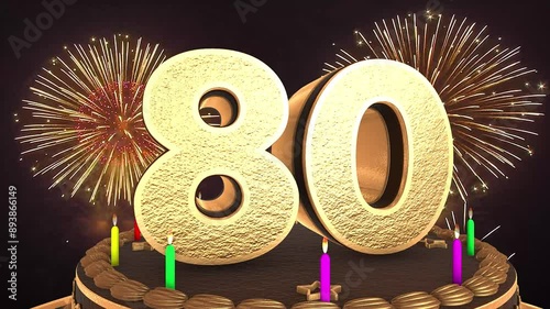 80th birthday chocolate cake animation 3d render in chocolate gold with confetti and balloon background. 4k