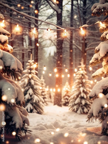 Magical Christmas Eve in Snowy Forest. A captivating scene of a snow-covered forest bathed in the warm glow of Christmas lights, creating a magical and festive atmosphere.  photo