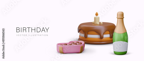 Birthday concept. Realistic cake with chocolate icing, candle, box of candies, bottle of champagne