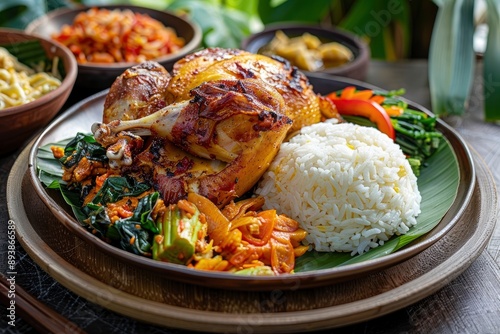 Balinese Ayam Betutu is an authentic Indonesian food from Bali. This food consisting of spicy roasted chicken, sambel matah, steamed rice and stir-fried vegetables - generative ai photo