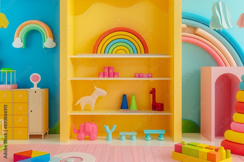 Colorful Playroom With Wooden Rainbow and Toys Colorful Playroom With Wooden Rainbow and Toys