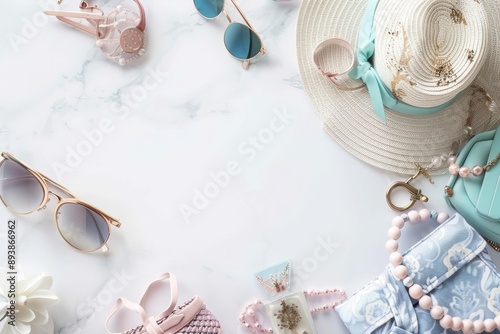 Summer Fashion Accessories on a Marble Background