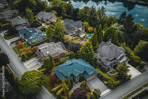 Aerial View of Suburban Neighborhood With Homes and Lush Greenery on a Sunny Day