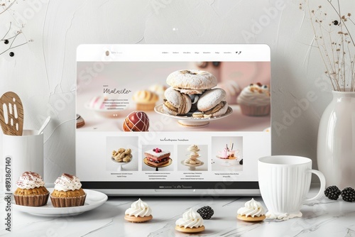 Laptop Displaying Pastry Shop Website With Cupcakes and Coffee Mug on White Table