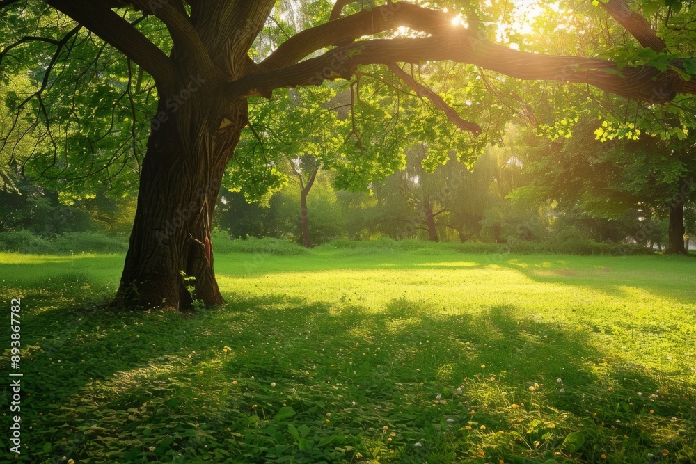 Naklejka premium Sunlight filters through lush trees in a peaceful park. Golden rays illuminate a grassy meadow, creating a serene natural oasis.