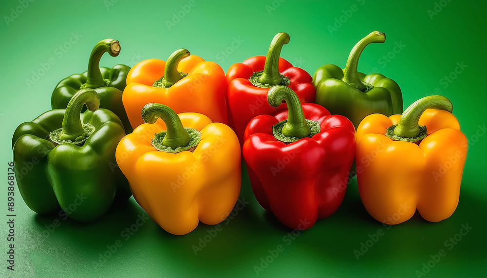 A lots of fresh Paprika vegetable organic isolated on green background. A lots of fresh Paprika vegetable organic isolated on green background.