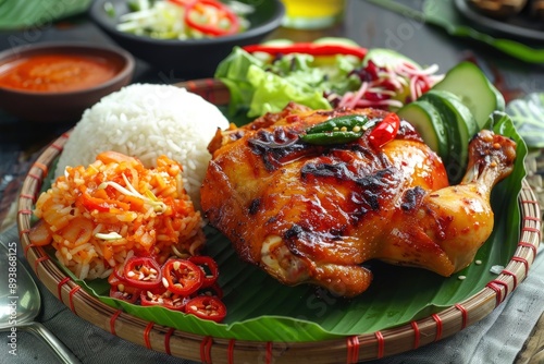 Balinese Ayam Betutu is an authentic Indonesian food from Bali. This food consisting of spicy roasted chicken, sambel matah, steamed rice and stir-fried vegetables - generative ai photo