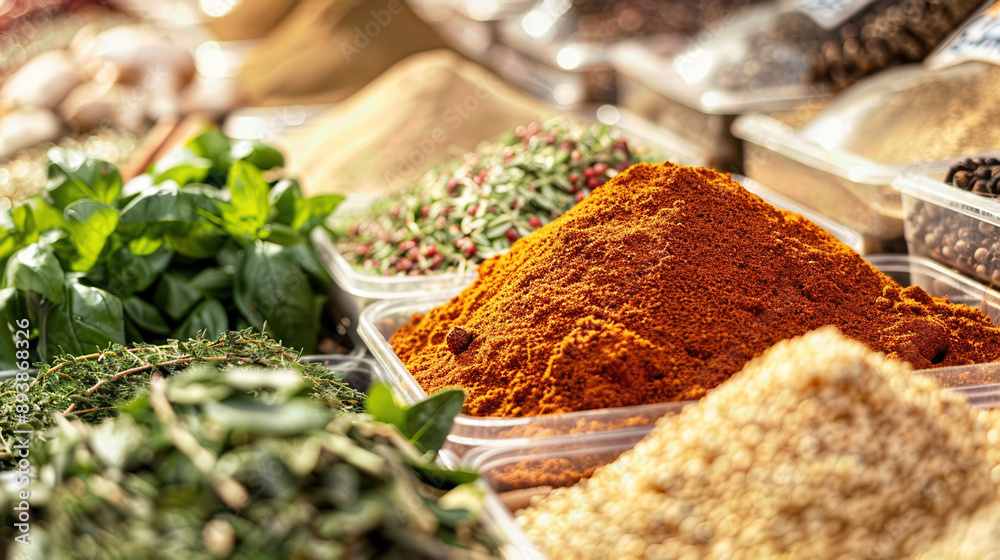 A closeup of aromatic spices and herbs at a holiday market stall, with rich colors and textures. showcasing the richness of culinary herbs and seasonings. A closeup of aromatic spices and herbs at a holiday market stall, with rich colors and textures. showcasing the richness of culinary herbs and seasonings.