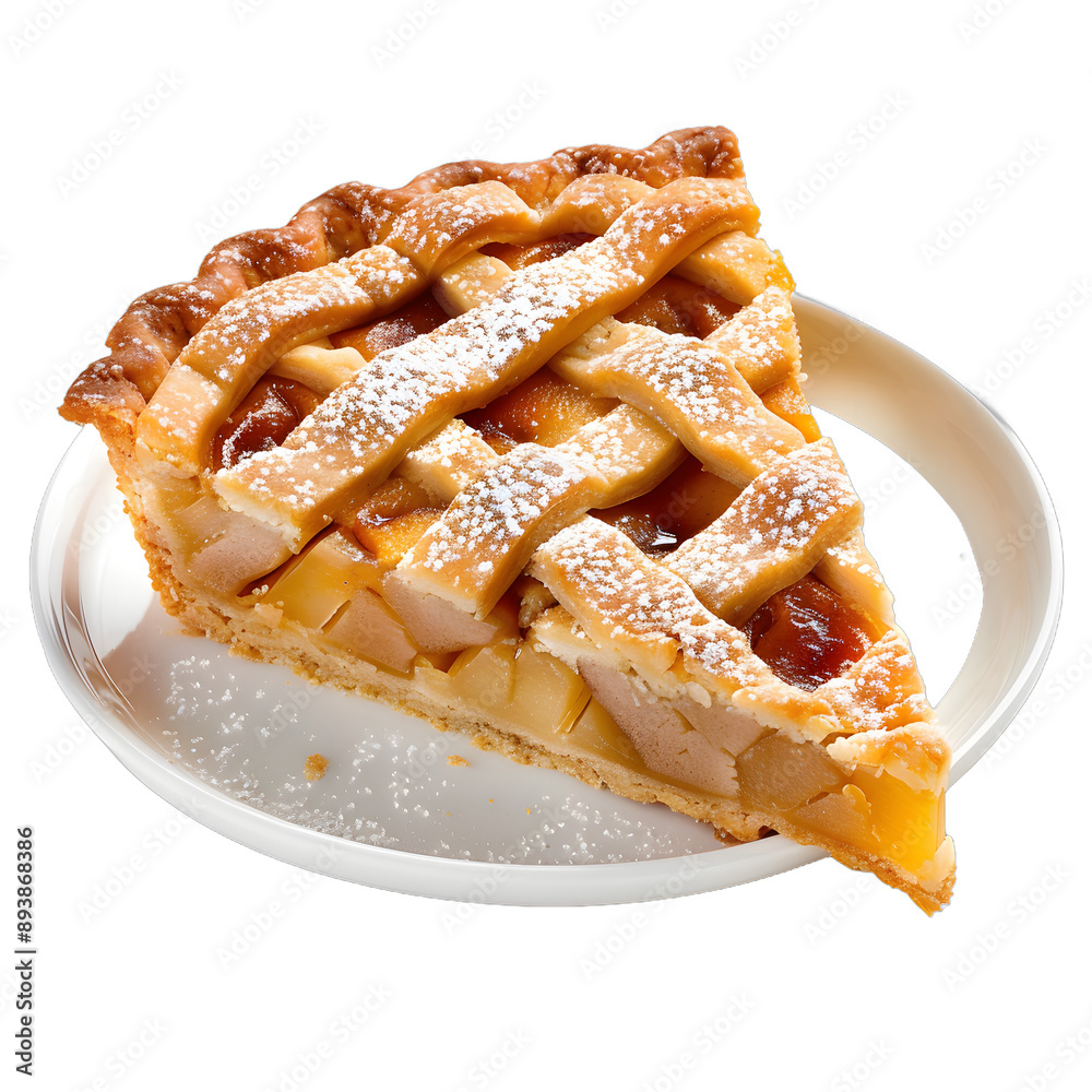 [Transparent Background PNG]Slice of apple pie with lattice crust on white plate