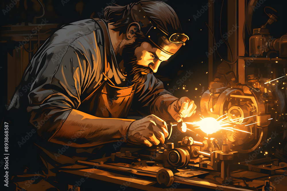 man welding, man welding during his job, illustrated worker welding on his job site man welding, man welding during his job, illustrated worker welding on his job site