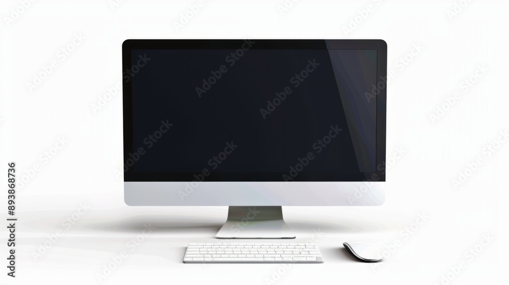 Modern desktop computer with sleek design featuring a large black screen, white keyboard, and mouse. Ideal for office work or personal use. Minimalistic style and clean look. AI Modern desktop computer with sleek design featuring a large black screen, white keyboard, and mouse. Ideal for office work or personal use. Minimalistic style and clean look. AI