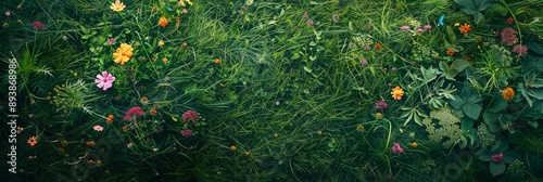 A vibrant meadow teeming with life, featuring a lush green backdrop dotted with colorful wildflowers and flitting butterflies photo