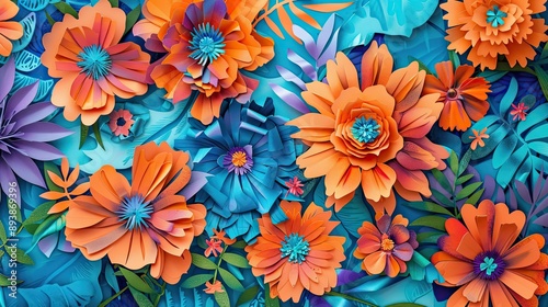 Vibrant abstract wallpaper with bright orange and blue paper cut flowers dynamic