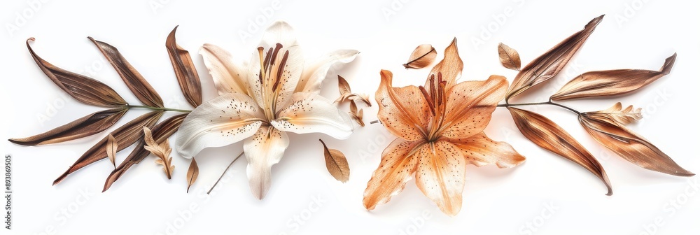 A closeup photograph of two pressed and dried lilies and leaves, one white and one orange, isolated on a white background A closeup photograph of two pressed and dried lilies and leaves, one white and one orange, isolated on a white background