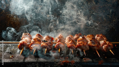 Grilled skewers with smoky flavor on a barbecue grill. Delicious meat skewers being cooked. Food photography highlighting the texture and aroma. Perfect for BBQ themed content. AI photo