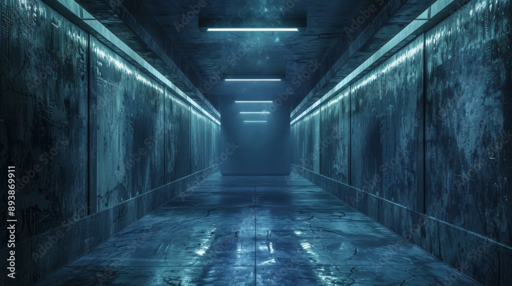 A dimly lit concrete corridor with a textured ceiling and a dark shadowed end A dimly lit concrete corridor with a textured ceiling and a dark shadowed end
