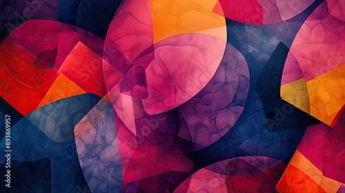 Deep colored geometric shapes overlapping with paper texture and light bokeh backdrop photo