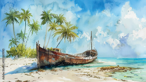 Old Sunken Barque Aground Near A Deserted Tropical Island Watercolour Background Illustration Abandoned Shipwreck Scenic Landscape Exotic Beach Ocean Adventure Nautical Art Vibrant