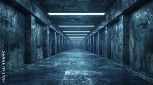 A long dark and eerie corridor with a concrete floor and fluorescent lights overhead