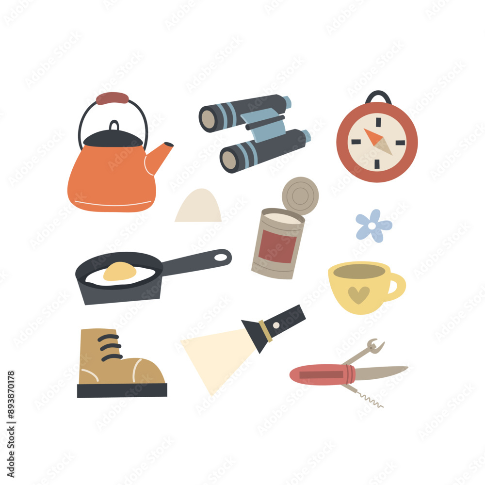 Obraz premium Cartoon camping thematic elements, hand drawing lettering. Colorful vector illustration, flat style. design for cards, print, poster, cover