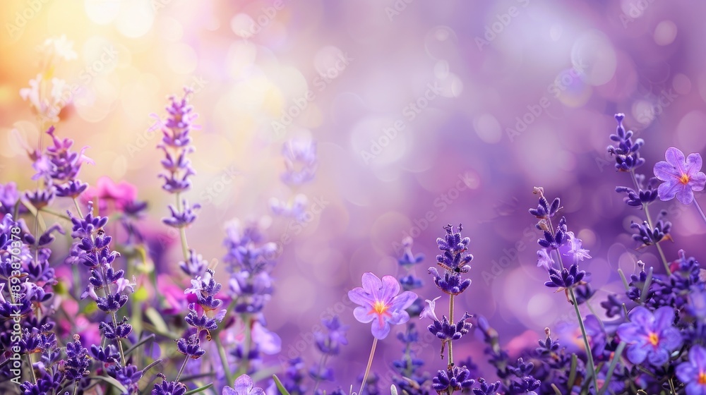 Fototapeta premium Close up of lavender and violet flowers with space for text in spring