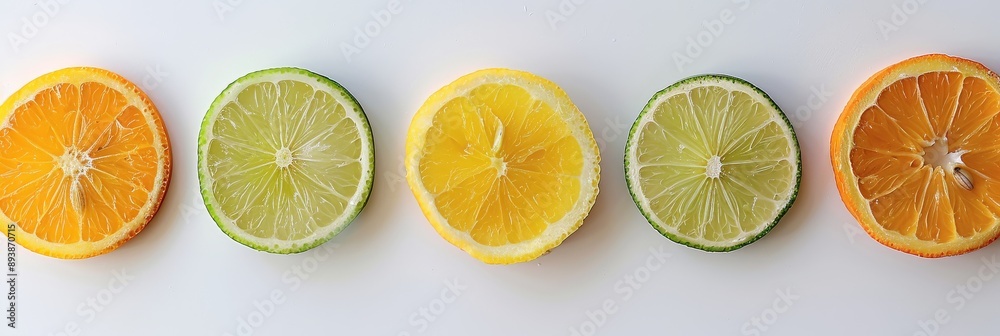 A close-up view of five citrus fruit slices – two limes, two oranges, and one lemon – arranged in a row on a white background