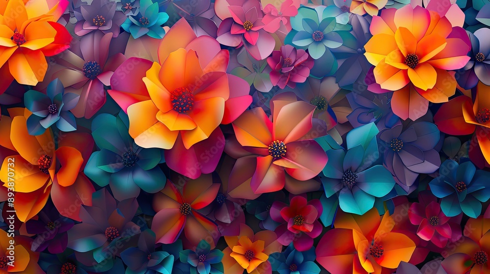 Background with mosaic of pixelated paper flowers in bold contrasting colors