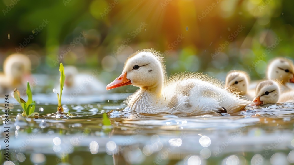 Adorable white ducklings paddle in the pond Adorable white ducklings paddle in the pond