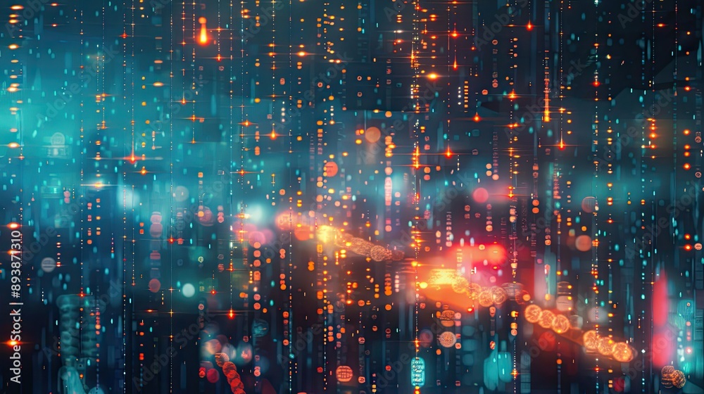 Obraz premium Digital pixel raindrops in a midnight city light backdrop blending virtual and real