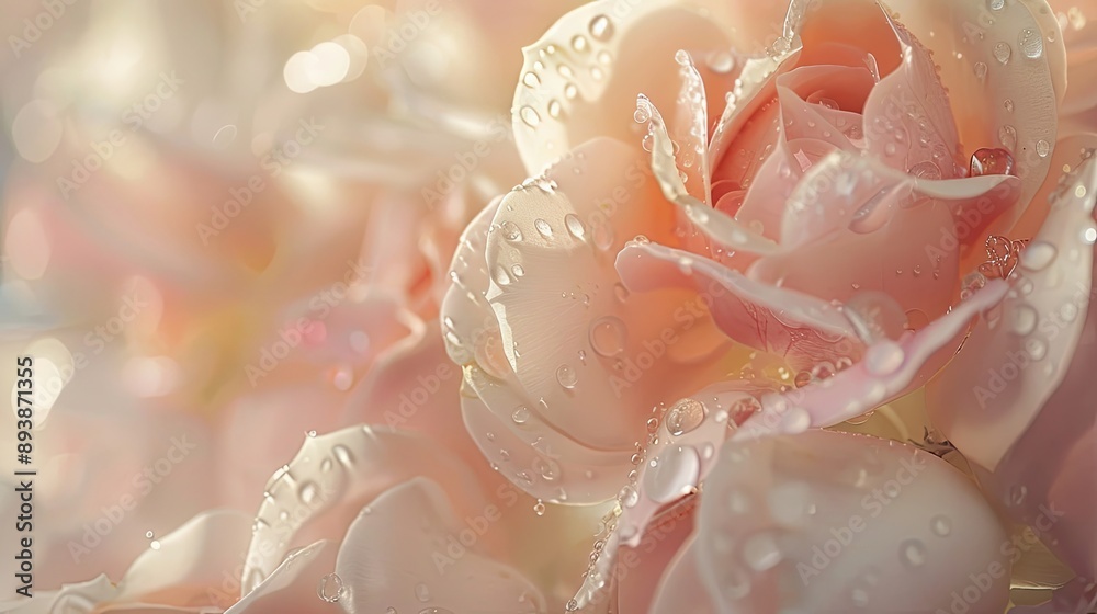 Fototapeta premium Dewy blush and ivory petals in a tranquil garden creating a soft-focus background