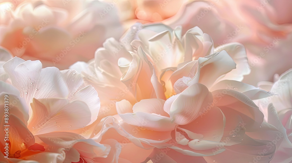 Obraz premium Blush and ivory petals with dew forming a tranquil and delicate garden background