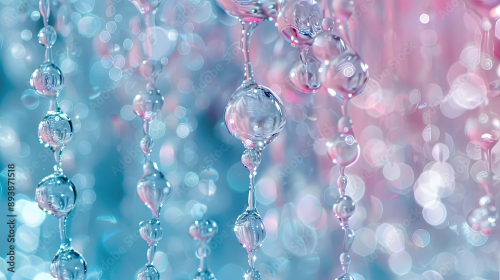 Pale blue and magenta translucent droplets cascading creating a luminous backdrop Pale blue and magenta translucent droplets cascading creating a luminous backdrop