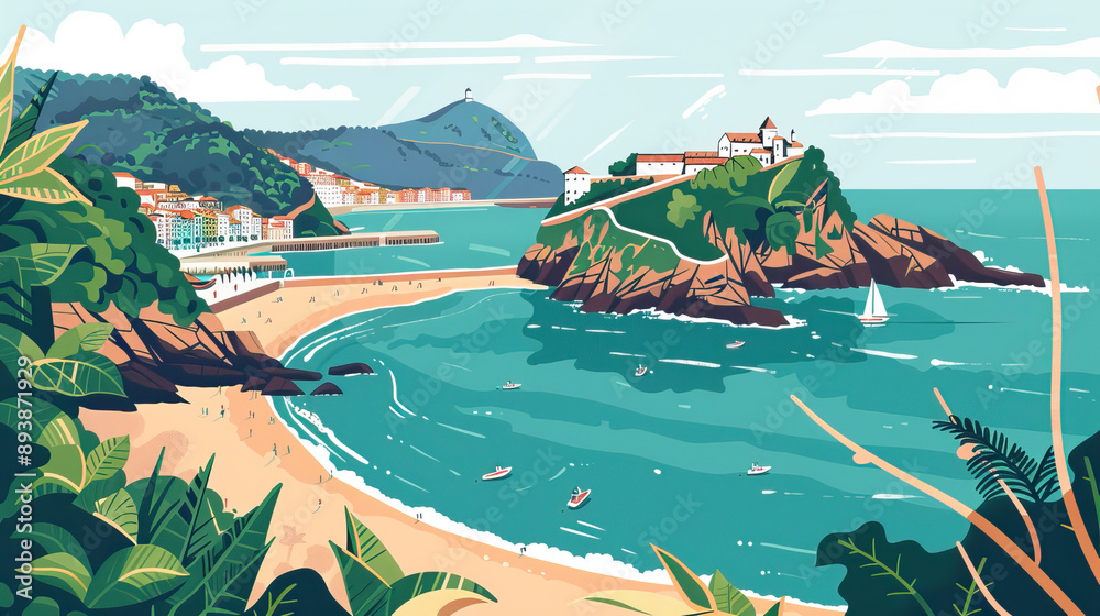 Fototapeta premium Risograph halftone riso print travel poster, card, wallpaper or banner illustration, modern, isolated, clear, simple of San Sebastián, Spain. Artistic, screen printing, stencil