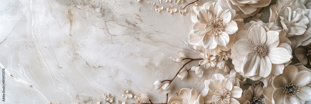 Intricate white flowers adorn a textured marble background, creating a beautiful and elegant wall art panel perfect for home decoration