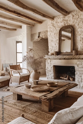 A cozy, rustic living room with textured natural stone or rough plaster walls, wooden ceiling beams and a traditional fireplace decorated with decorative vases and dried plants. A handmade wooden coff photo