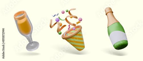3D champagne glass, confetti cone cracker, green sparkling wine bottle