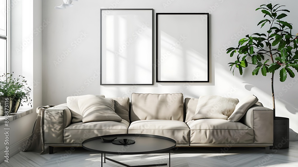 Fototapeta premium Minimalist Living Room Interior Design with Two Empty Frames