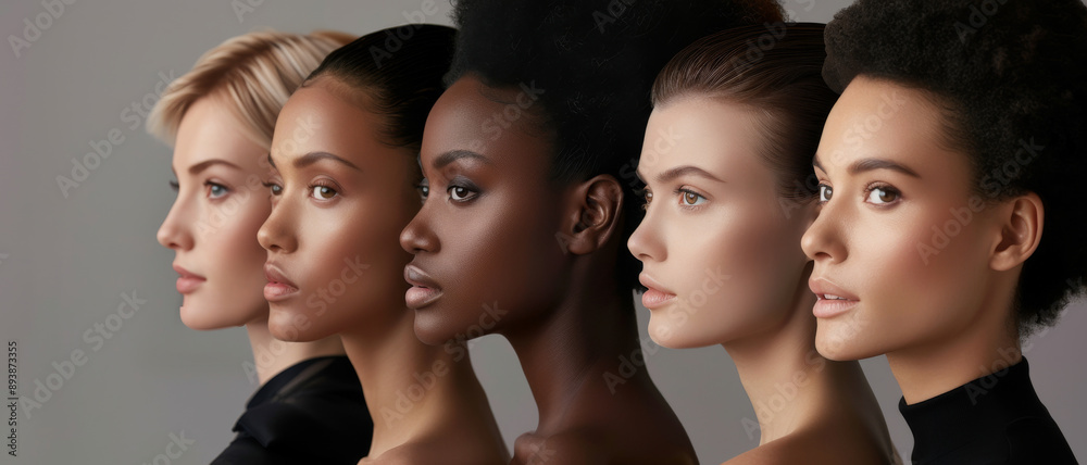 A group of diverse women posed in a profile lineup, highlighting their unique features and collective strength. A group of diverse women posed in a profile lineup, highlighting their unique features and collective strength.