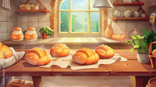 Puffed Bread on Bakers Table Cartoon Environment Adventure Mobile Game Bakery Scene Freshly Baked Goods Delicious Snack Illustration Culinary Art Food Preparation