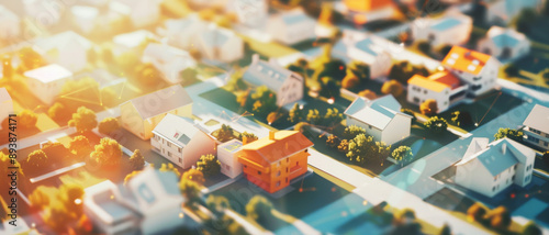 A picturesque aerial view of a suburban neighborhood bathed in warm, golden sunlight, showcasing charming houses surrounded by greenery.