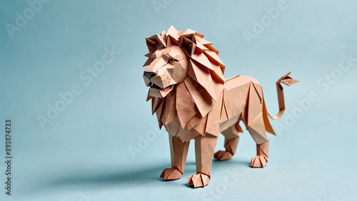 An origami lion in pastel brown on a solid pastel blue background with space for text
