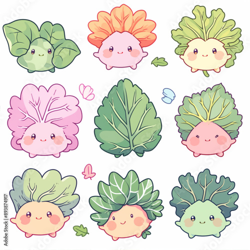 set of cute characters green leaves