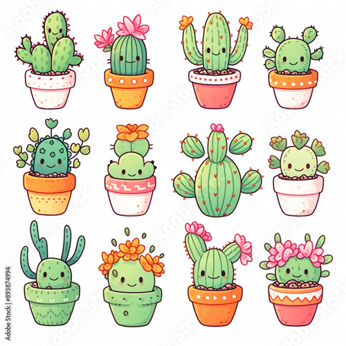 set of cute cartoon cactus in pots stickers