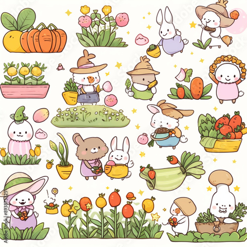 set of vegetables and fruit cute cartoon animal Framers stickers