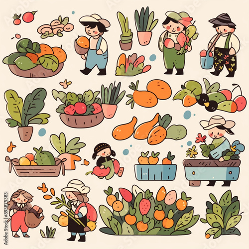set of vegetables and fruit cute cartoon Framers stickers