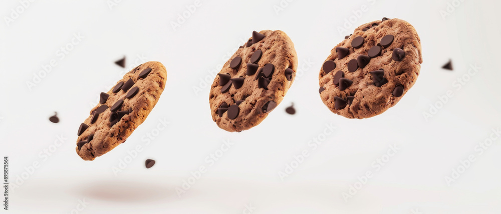 Chocolate chip cookies captured in mid-air against a white background, evoking a sense of whimsy and delicious temptation. Chocolate chip cookies captured in mid-air against a white background, evoking a sense of whimsy and delicious temptation.