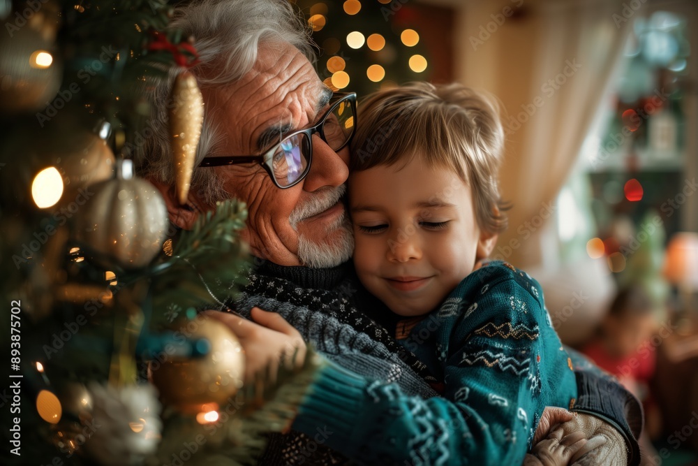 The heartwarming moment of a grandfather and his grandson embracing near the Christmas tree embodies love, joy, and togetherness, symbolizing the festive spirit and celebrating precious family bonds