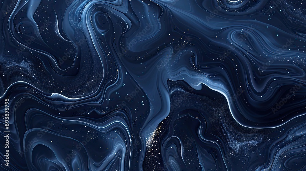 Navy blue and silver wallpaper with fluid swirling patterns and glowing dots Navy blue and silver wallpaper with fluid swirling patterns and glowing dots
